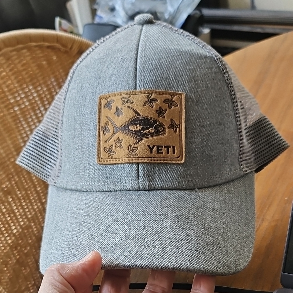 YETI J Marquardt Gray Knit Trucker Baseball Hat Cap Fishing Patch